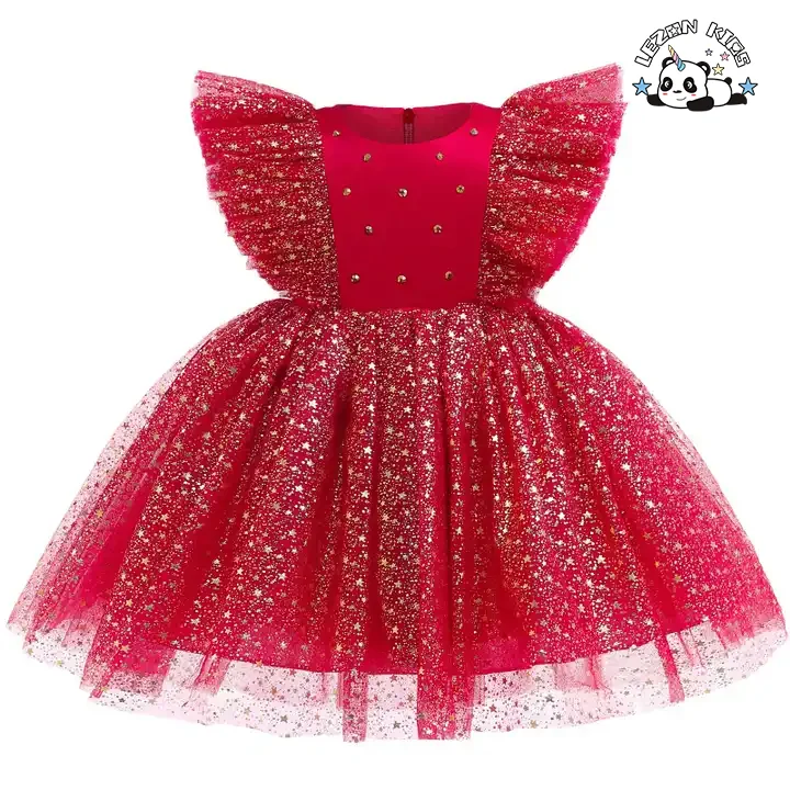 LEZONKIDS - Customizable Sleeveless Gold Foil Printing Summer Girls Party Dress  for 2-14T Years Old Kids Clothing